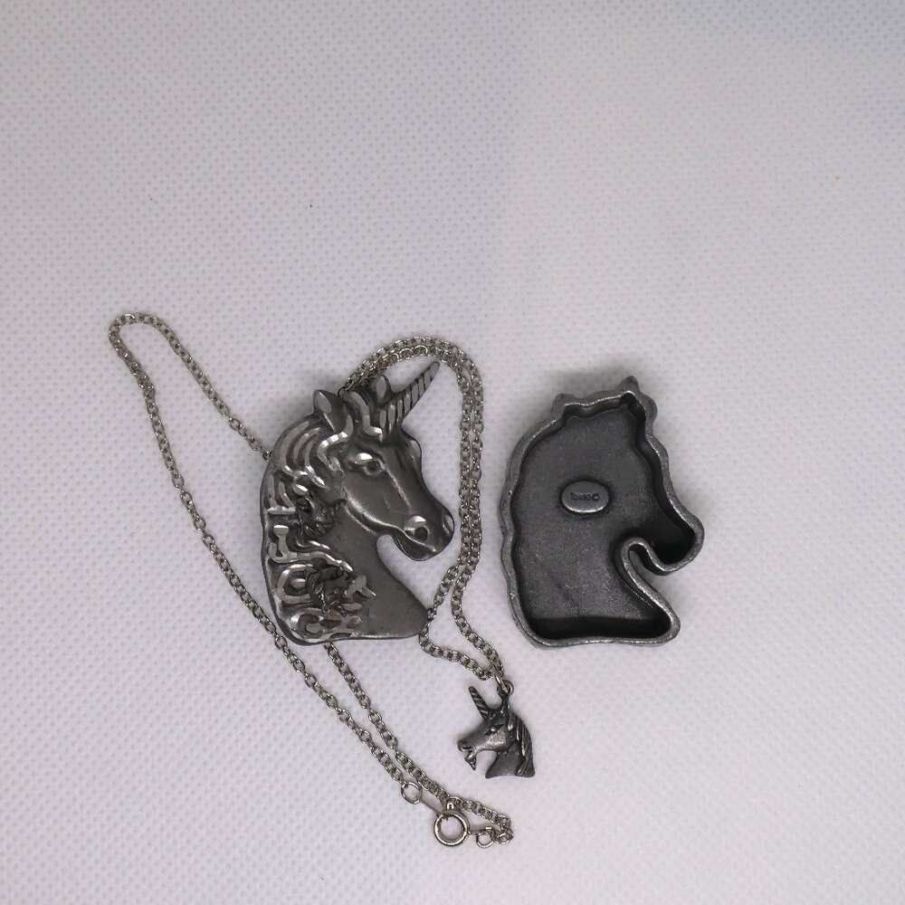 Vintage Torino Pewter Unicorn Box, Pin, Earrings & Necklace Set